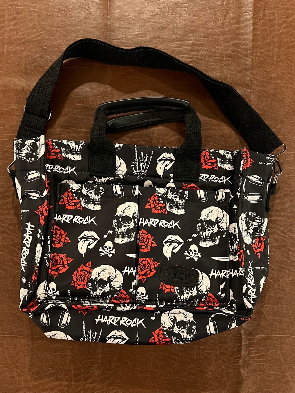 Fashion & Bags Leather Hard Rock Skull Print Crossbody Bag Zip Adjustable Strap